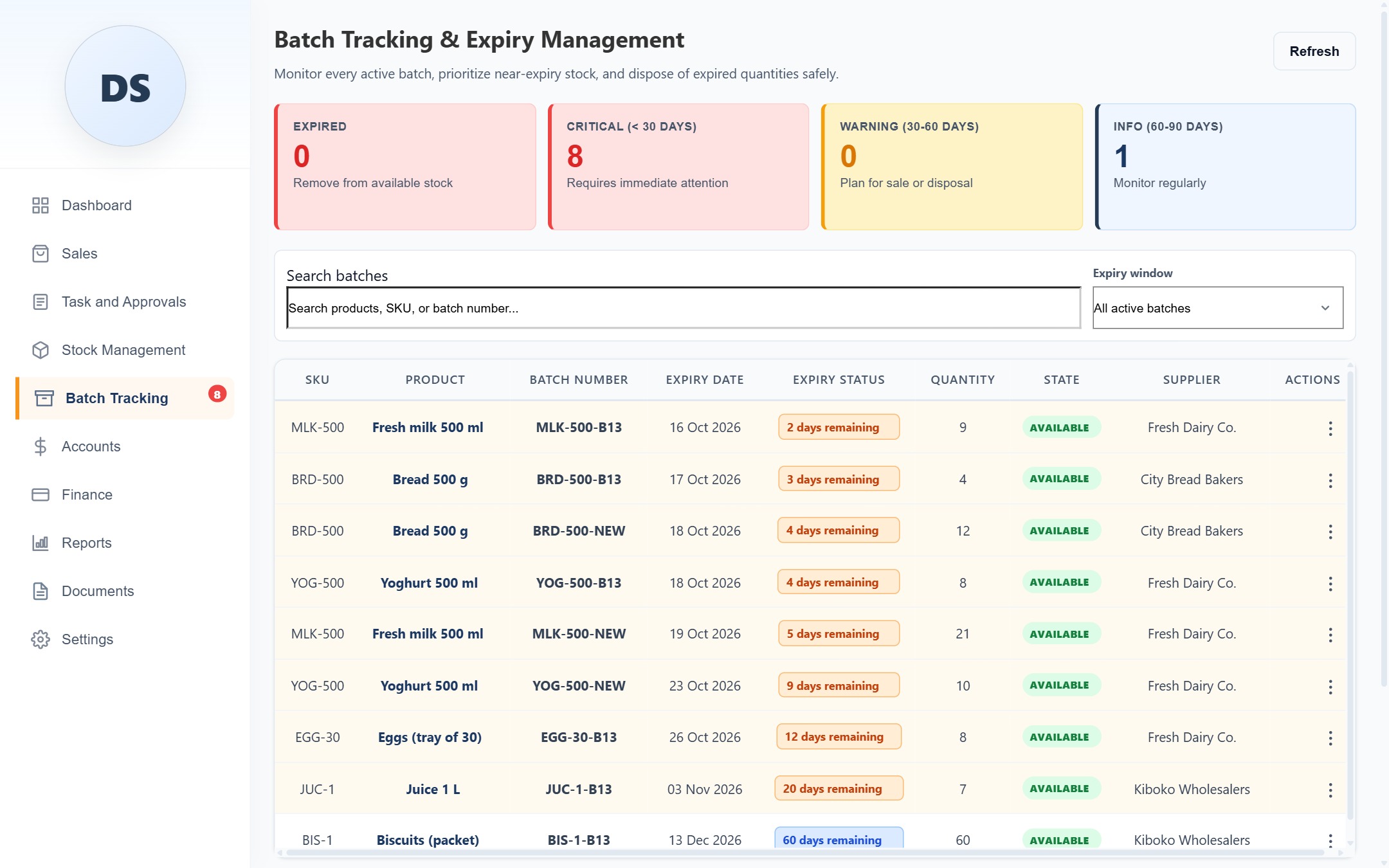 Batch tracking screen listing stock batches with their expiry dates